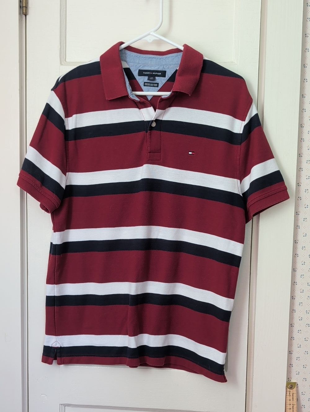 Tommy Hilfiger Large Mens Burgundy, White & Black Striped Polo Vintage Preppy